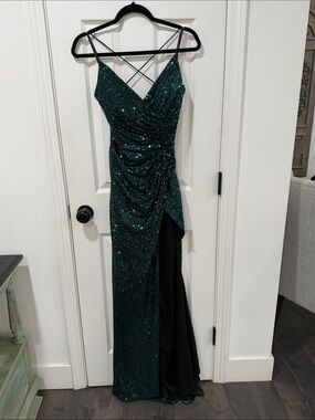 Cinderella Divine Medium stretch Teal Sequin Ruched Prom Gown high slit